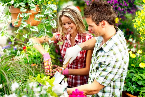 A garden scene in Wandsworth showing two people working together amidst lush greenery, including neatly maintained grass lawns, vibrant flowering plants, and well-trimmed hedges. The garden features a variety of shrubs and flower beds with colorful blooms, set against a backdrop of mature trees and climbing plants on trellises. The individuals are engaged in gardening activities, wearing gloves, and handling garden tools, indicating maintenance or planting work. Bright natural outdoor lighting suggests a clear, sunny day, emphasizing the healthy, lush foliage and well-kept landscape typical of residential gardens in London suburbs. The scene reflects professional gardening care by Landscapers Wandsworth, highlighting the importance of outdoor environment maintenance and safety within private garden spaces.