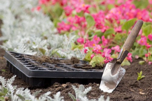 A close-up view of a garden bed in a landscaped backyard, showing soil that has been recently turned over with a small garden trowel inserted into the earth. Surrounding the planting area, there are vibrant pink and white flowering plants, along with green leafy foliage. In the background, a black plastic seed tray rests on the soil, indicating ongoing planting or garden preparation activities. The scene is set outdoors in natural daylight, with a well-maintained garden layout visible, including flower beds and neatly arranged plants, exemplifying typical gardening and outdoor maintenance work associated with professional landscaping services in Wandsworth.