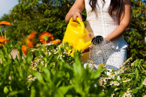 A woman wearing a light-colored, sleeveless top is watering a garden bed with a yellow watering can. The garden features a variety of flowering plants, including orange and white blossoms, with lush green foliage. The background reveals a well-maintained outdoor space with neatly trimmed hedges and trees, set in a residential garden possibly located in Wandsworth. The scene is brightly lit by natural sunlight, suggesting a clear weather day. The garden surface includes a combination of soil beds and patches of dense grass, with some soil visible around the plants. The woman's focus is on nurturing her garden, with her hands holding the watering can, gently pouring water over the flowers. This image highlights the outdoor gardening activity and the importance of routine maintenance in creating a thriving garden environment. Such details align with gardening and lawn care services offered by Landscapers Wandsworth, emphasizing the natural beauty and well-kept appearance of a landscaped yard in South West London.