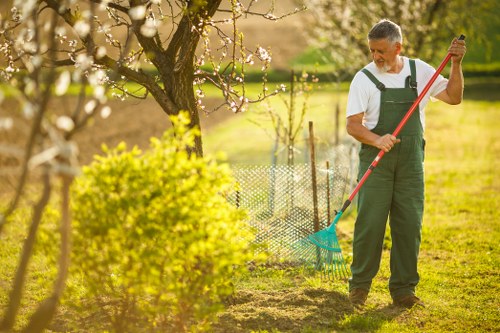 A man wearing green gardening overalls and a white t-shirt is standing in a lush backyard garden in Wandsworth during daytime, using a red-handled rake to tend to the soil near a small flowering tree with white blossoms. The garden features a vibrant green lawn, a flower bed bordered with mulch, and a wire fence in the background separating the area from other garden sections. In the foreground, there is a bright yellow-green shrub, contributing to the garden's diverse plant composition. The mature deciduous tree with white blossoms is illuminated by warm sunlight, suggesting a spring setting. The scene depicts outdoor maintenance activities typical of landscaping services offered by companies like Landscapers Wandsworth, with a focus on lawn care and garden upkeep in a well-maintained, landscaped outdoor space.